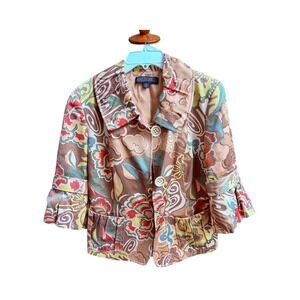 Lafayette 148 Petite Sz 8 Floral Print Ruffle Trimmed Jacket Cropped Blazer